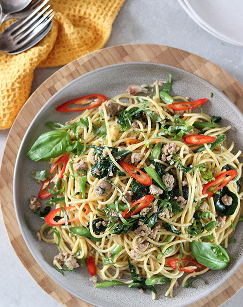 Beef and basil stir fried noodles