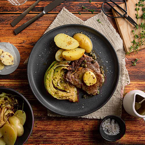 Steak with cabbage and potatoes
