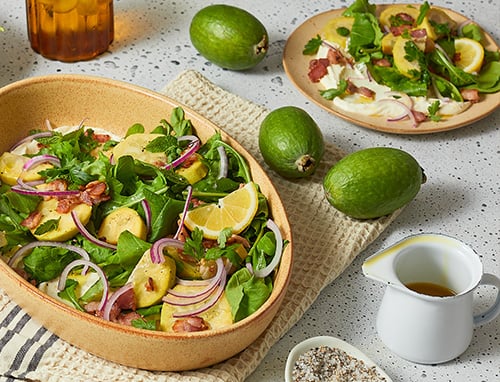 Whipped feta, feijoa and bacon salad